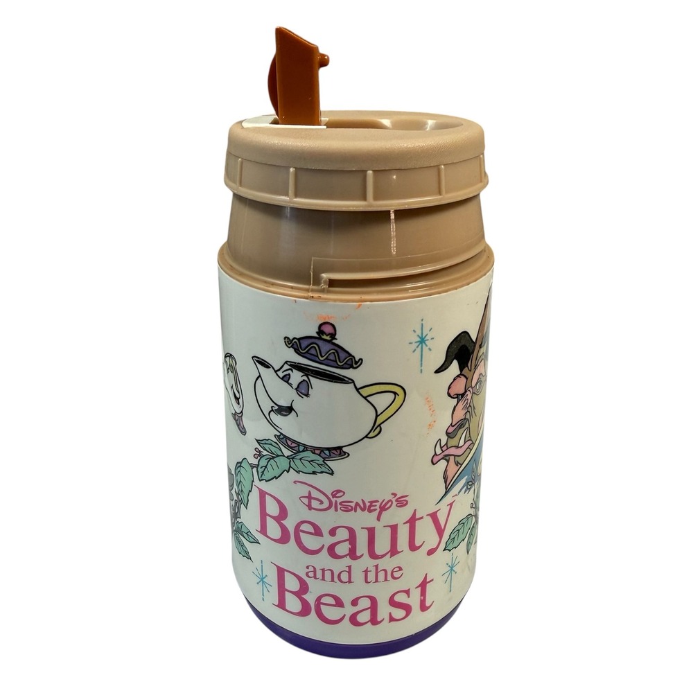 Disney‎ Beauty and the Beast Thermos Kids White Vintage Aladdin 8oz Cup Bottle